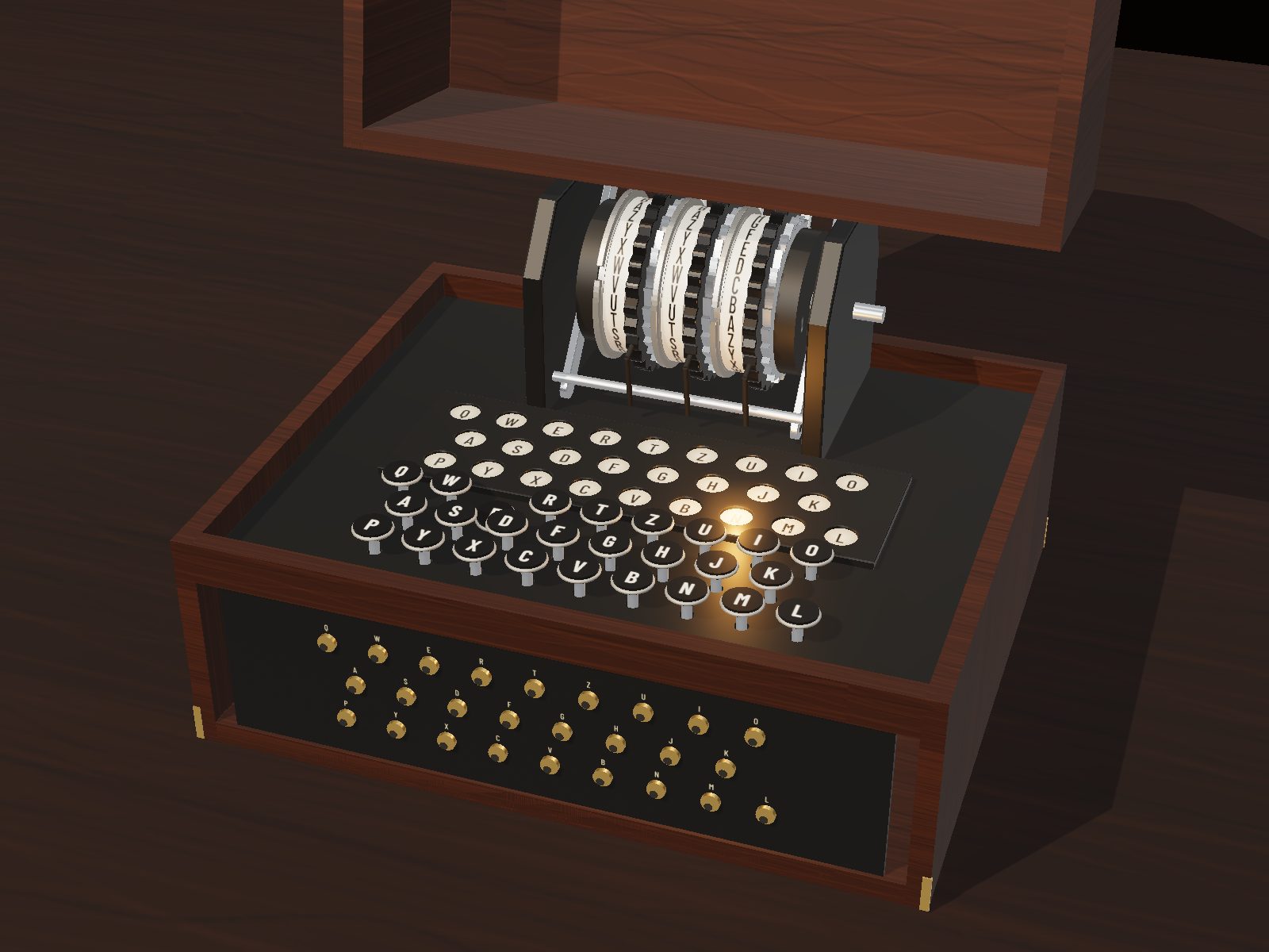 The Enigma Doublestep replica with its lid open: three rotors behind the lampboard, one lamp lit, the keyboard and the plugboard on the front.