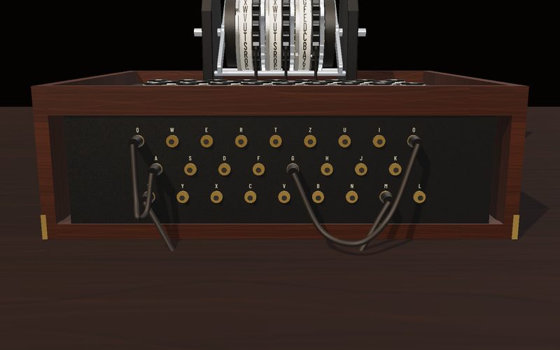 Front plugboard with 26 brass sockets and three plug cables connected.